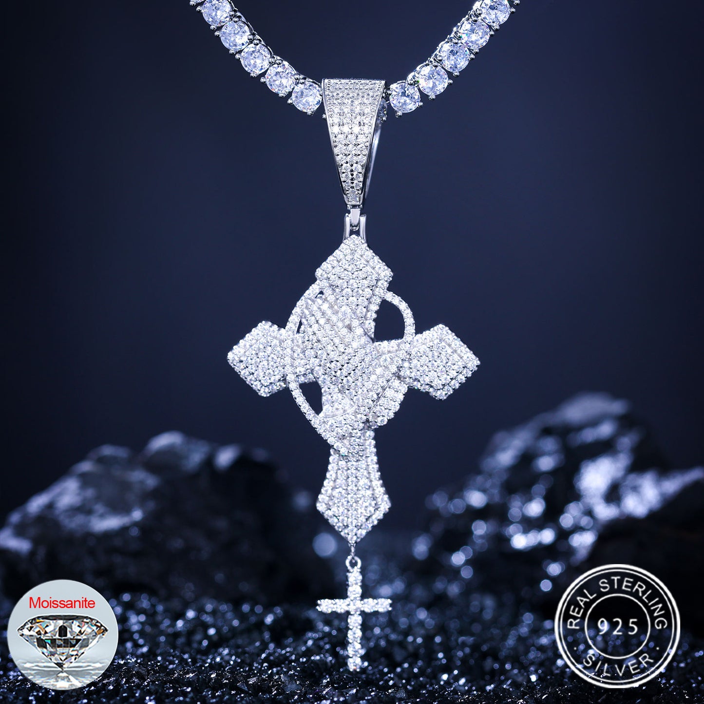 VVS Moissanite Prayer Hand Cross Pendant